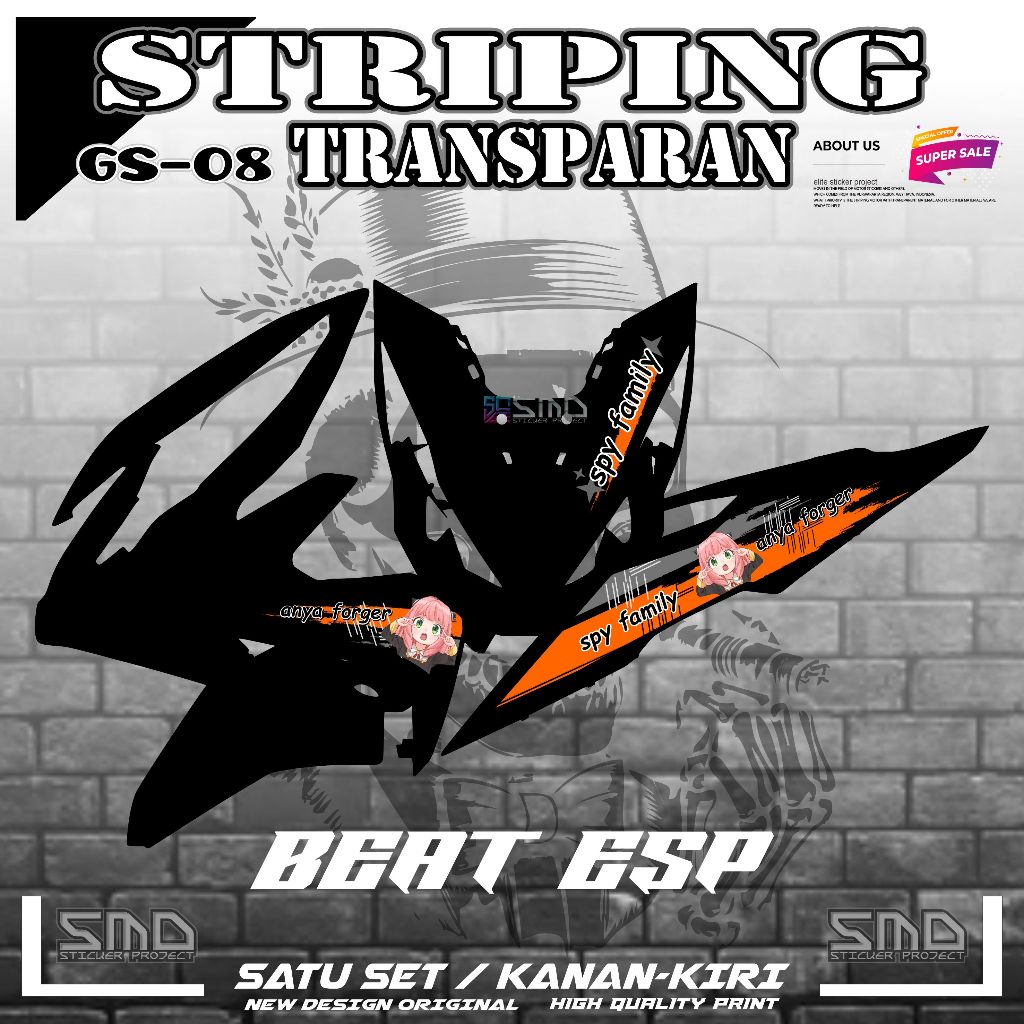 STICKER STRIPING TRANSPARAN MOTOR HONDA BEAT ESP 2016 KARAKTER ANYA GS05
