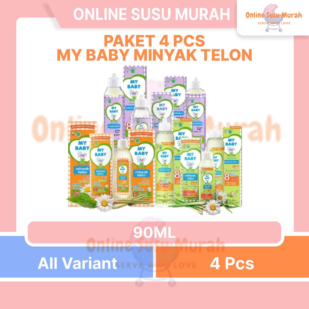 PAKET 4 PCS MY BABY 90ML MINYAK TELON PLUS/TELON LONGER/MINYAK KAYU PUTIH/TELON LAVENDER PRLA