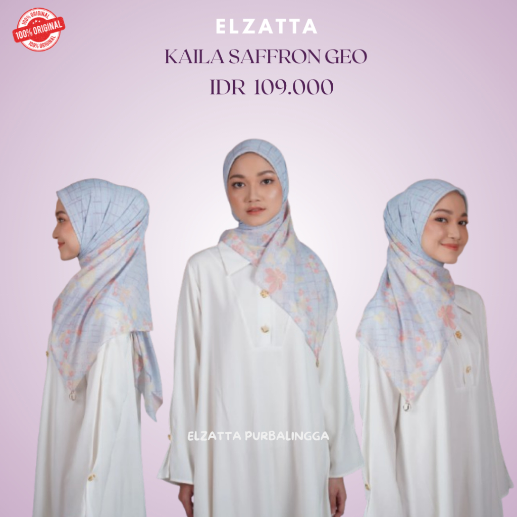 Elzatta Kaila Safron Geo Scarf Motif Ukuran 120cm x 120cm Bahan Voal Motif Bunga Saffron