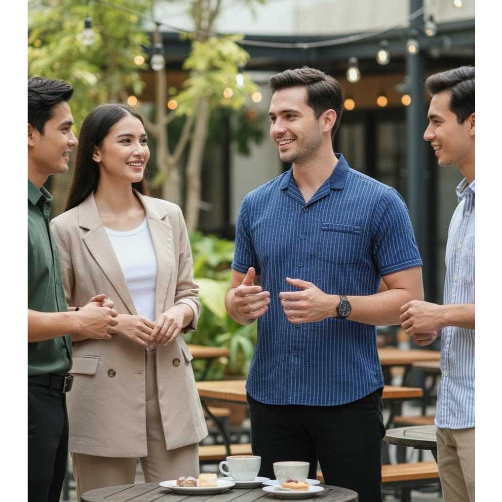 SumberRejekiJeans - CRESSIDA SLIM FF228 - Kemeja Casual Pria Lengan Pendek Garis-garis Bahan Katun