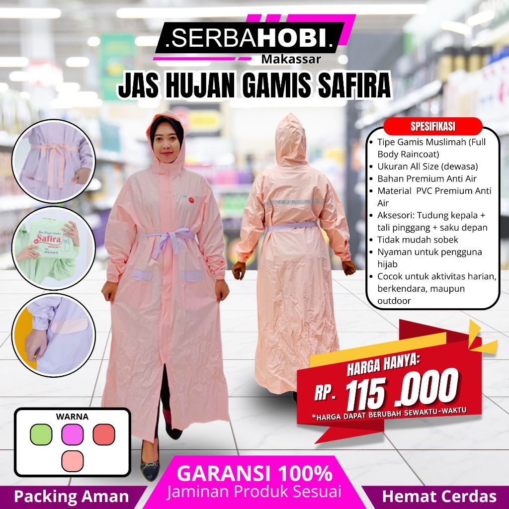 Jas hujan Safira / Jas Hujan Gamis Safira Indoplast 4 Warna Nyaman  / jas hujan gamis