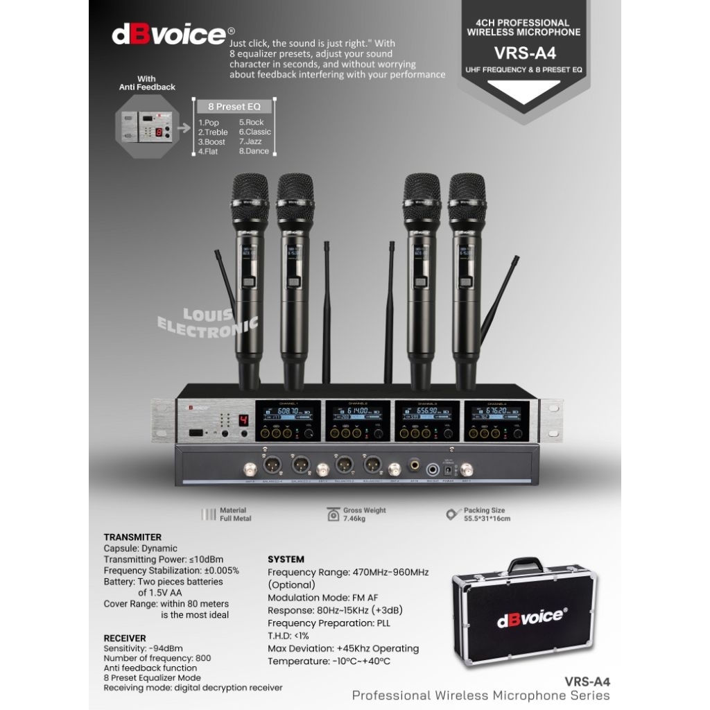 Professional Mic Wireless dBvoice VRS A4 4 Mic Handle with Anti Feedback + 8 Preset EQ