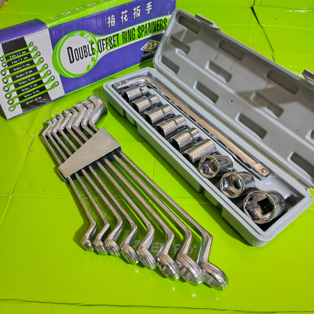 Paket Kunci Shock Sok Set 8 Sampai 24 mm 10 Pcs 1/2 6 Pt KTP + Kunci Ring Pas 1 Set Lengkap 6 - 22 m