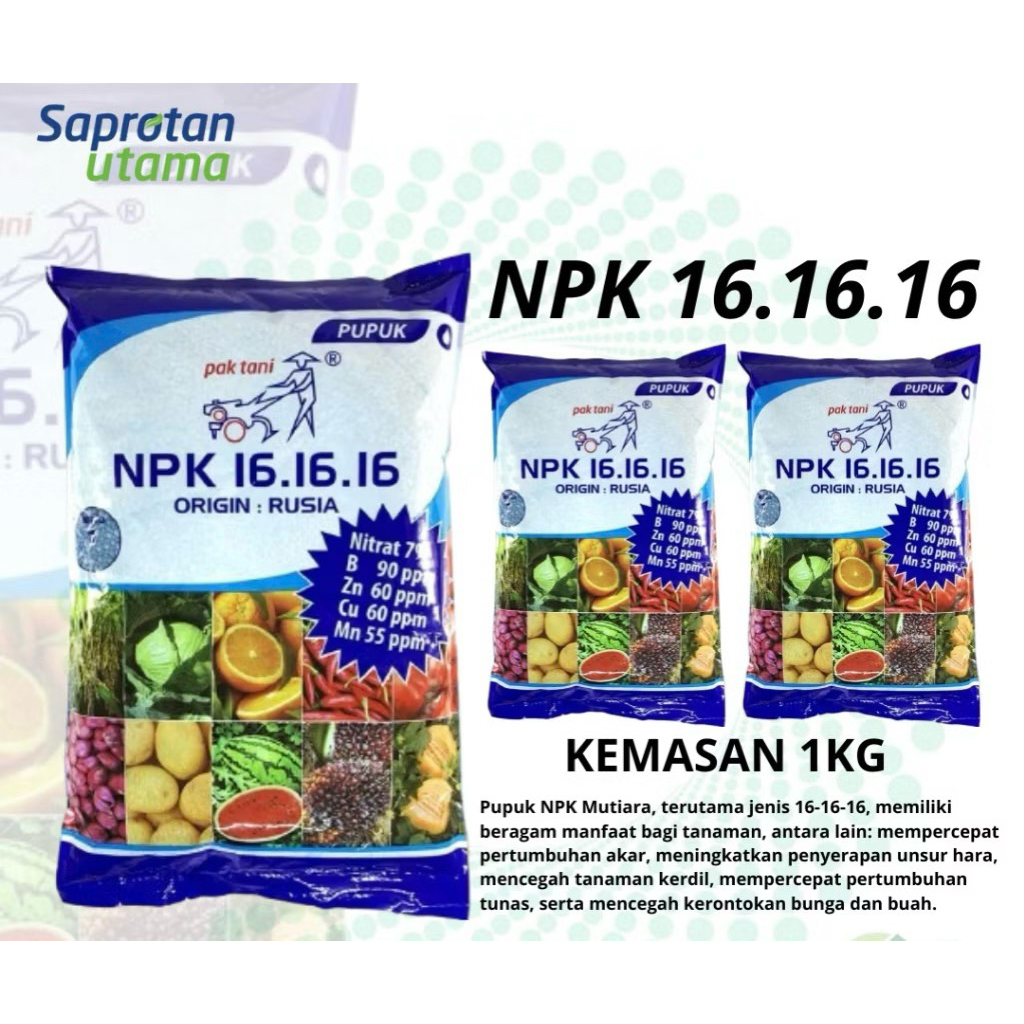 Pupuk NPK 16-16-16 Granular Biru untuk Pertumbuhan Vegetatif dan Generatif Tanaman Kemasan 1 Kg