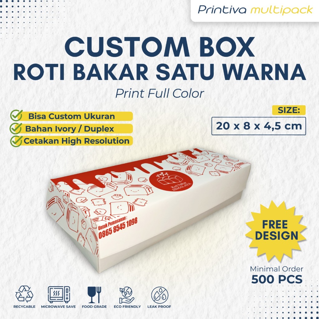Custom Cetak 1 Warna Box Roti Bakar, Bolen, Martabak, Bolu Gulung
