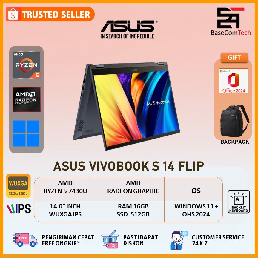 Asus Vivobook S14 Flip 2in1 Ryzen 5 7430 16GB/512G 14 Inchi WUXGA IPS Windows 11
