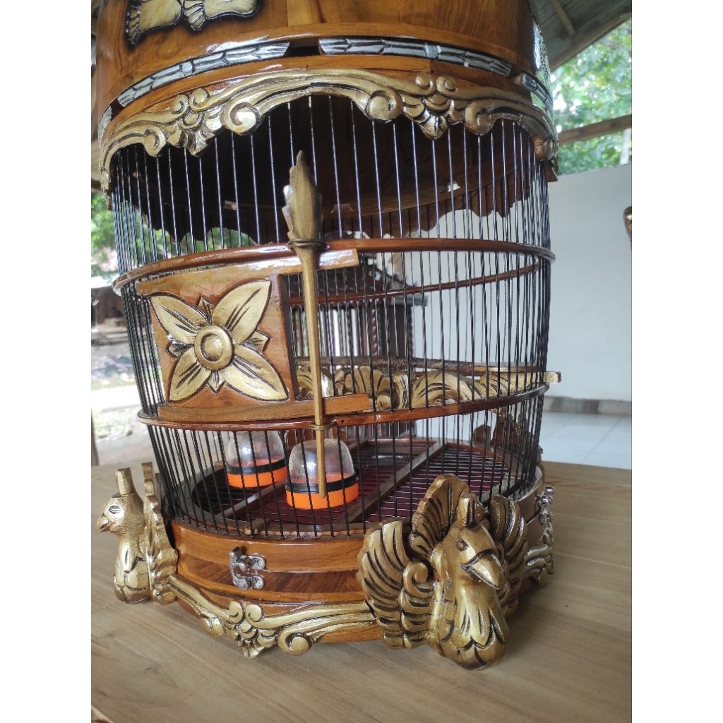 sangkar ukir burung perkutut motif semar kombinasi ukiran merak