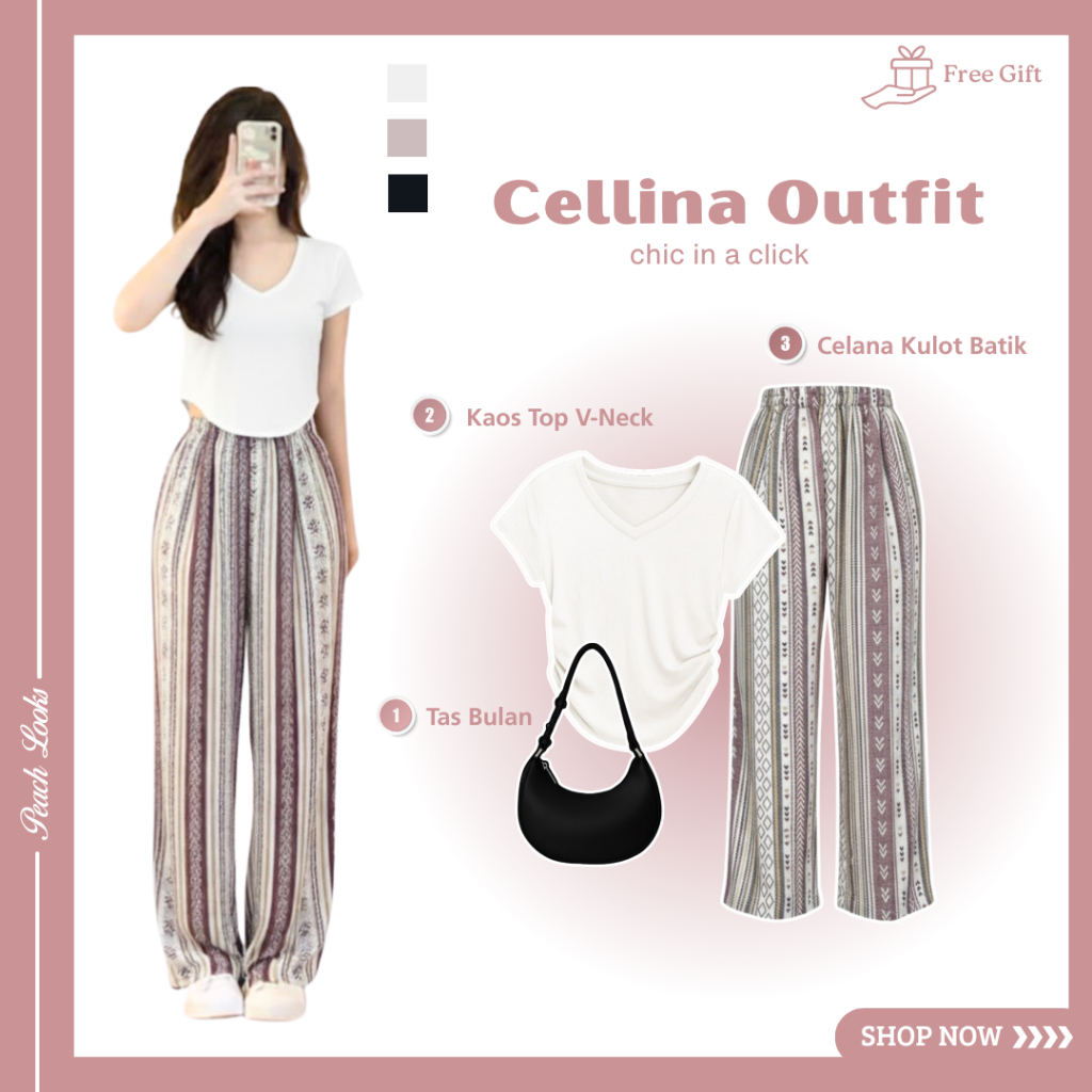 One Set Cellina Outfit ( Kaos Top V-Neck + Celana Kulot Batik + Tas Bulan ) Ootd Korean Style Wanita