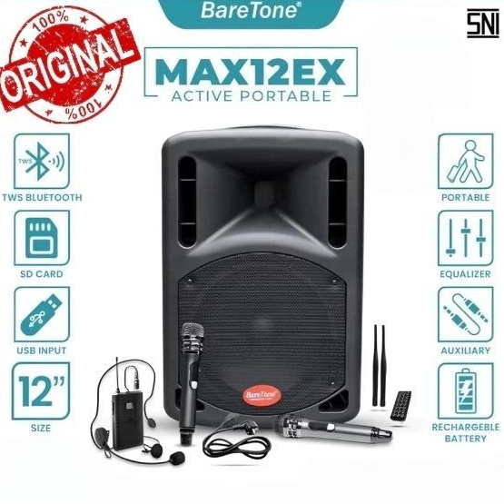 Speaker Aktif Portable Baretone 12 Inch MAX12EX+MIC/Speaker Bluetooth Karaoke Baretone 12” MAX 12 EX