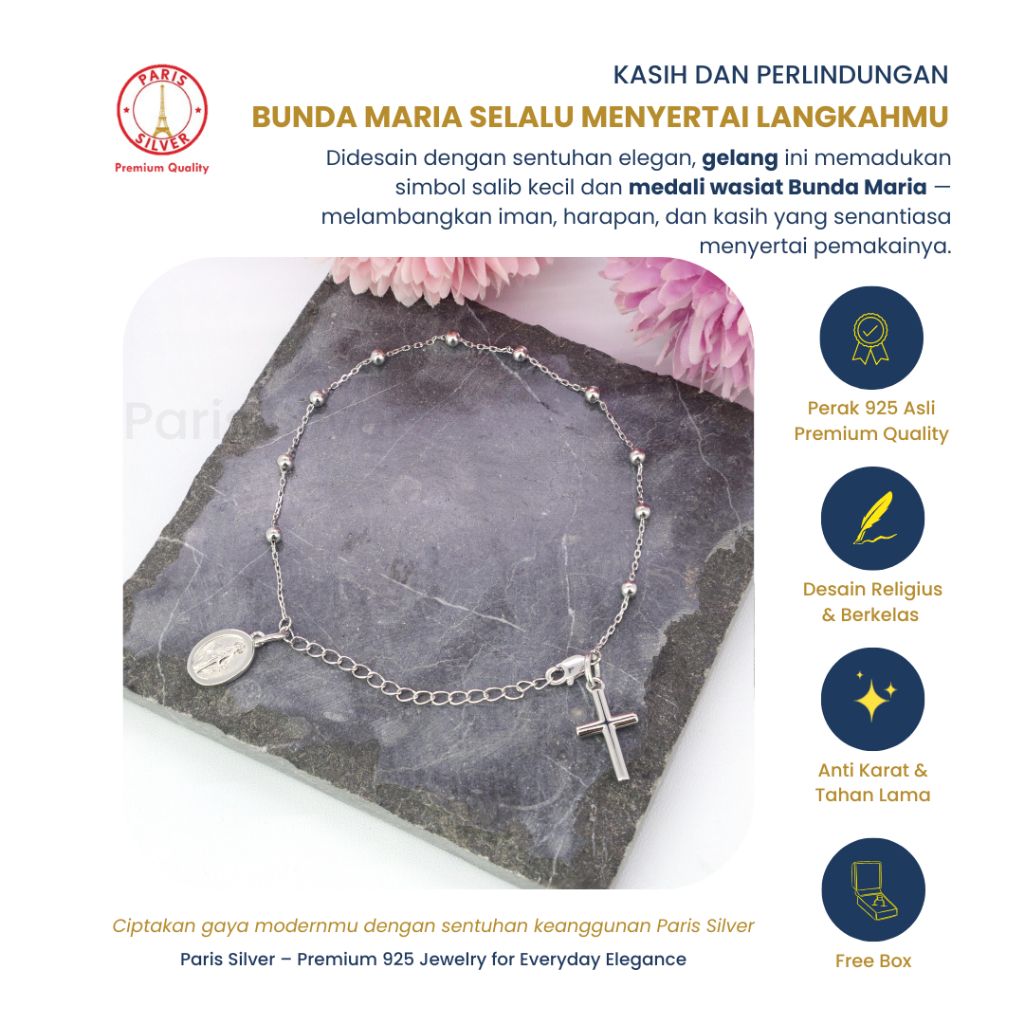 Gelang Rosario Medali Wasiat Bunda Maria Perak Asli 925 Silver Lapis Emas Putih Katolik Anti Karat