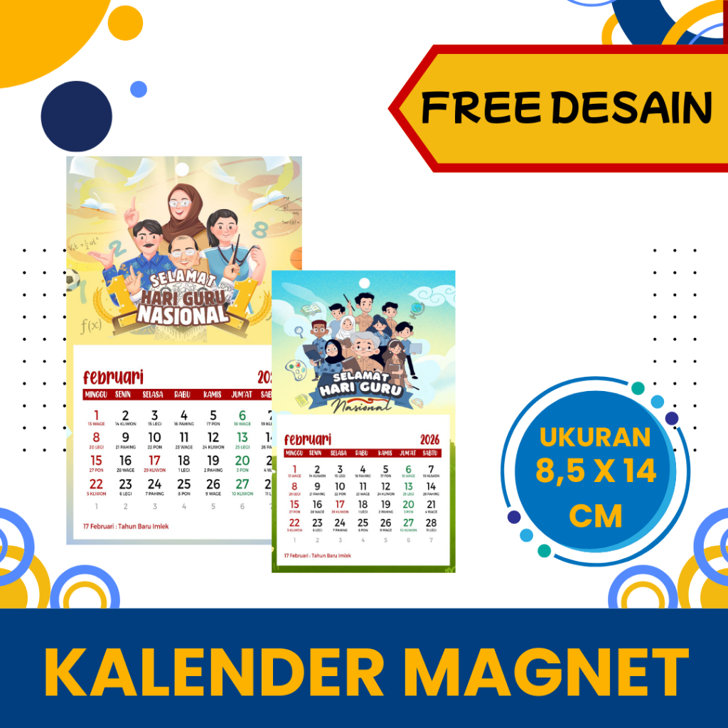 Kalender magnet Mini 2026 Tema Hari Guru free desain kado, souvenir gift hari guru kado unik