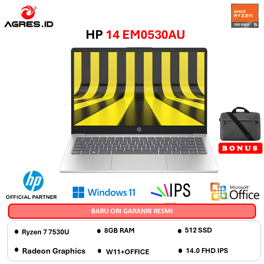 HP 14 RYZEN 5 7530U - RAM 8GB 512GB W11+OHS 14.0FHD IPS BLIT  -EM0530AU