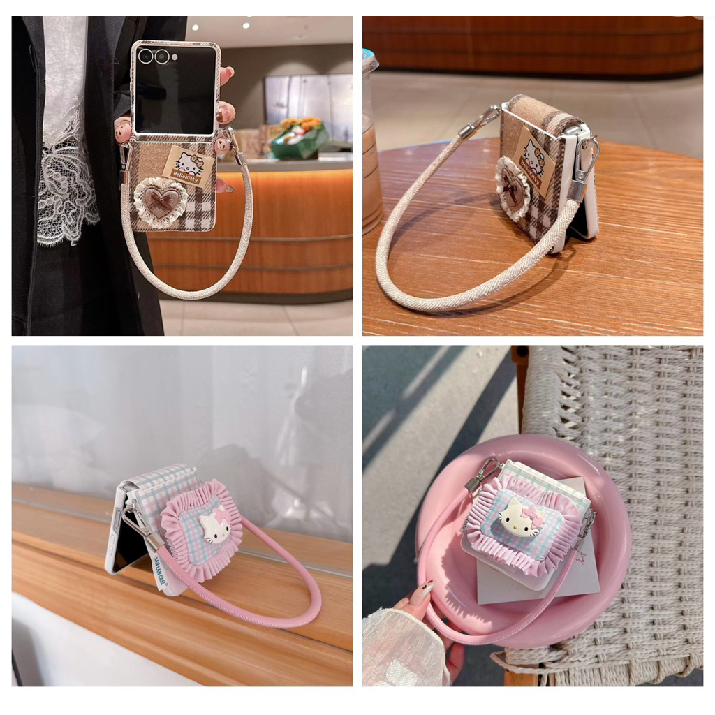 Case Samsung Zflip7 Magsafe Pelindung Lipatan Tengah Hello Kitty Cartoon Cute With Chain Strap Charm
