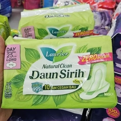 PCS 25CM LONG/ 16PADS SLIM WING - PEMBALUT LAURIER DAUN SIRIH + SAGE /008365 ( BUKAN SOFTEX ) LAURIE