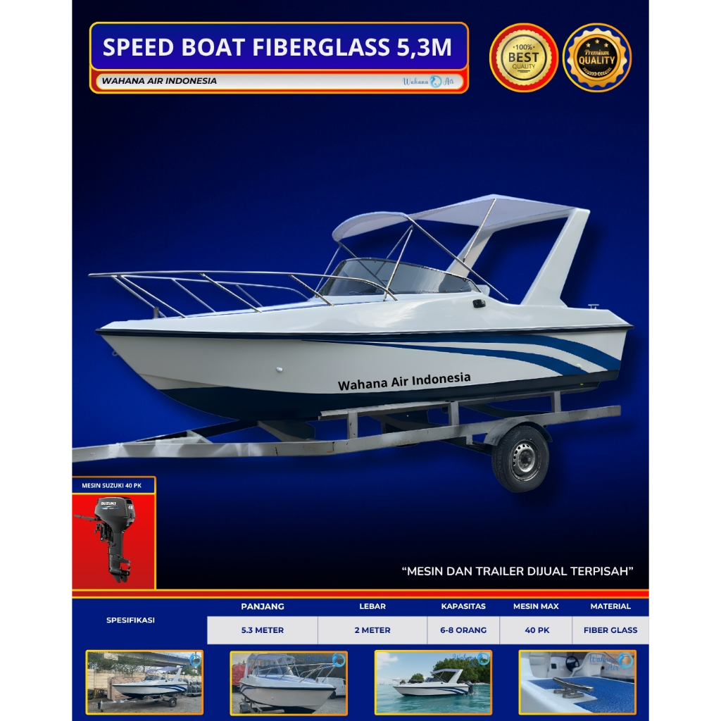 PERAHU SPEED BOAT FIBERGLASS PATROLI MANCING WISATA PANJANG 5,3 METER KAPASITAS 6-8 ORANG CABIN TEND