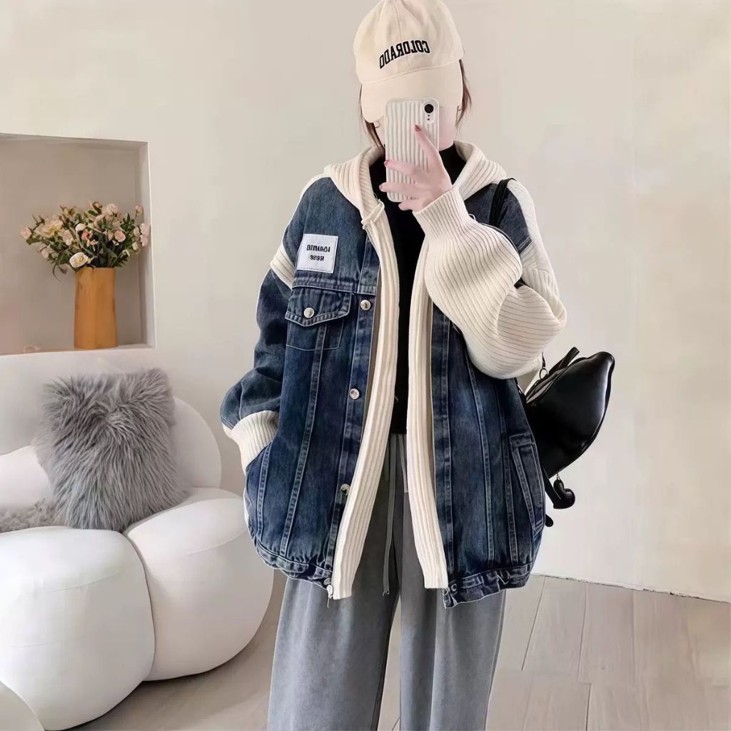 Jaket Hoodie Patchwork Denim Japanese