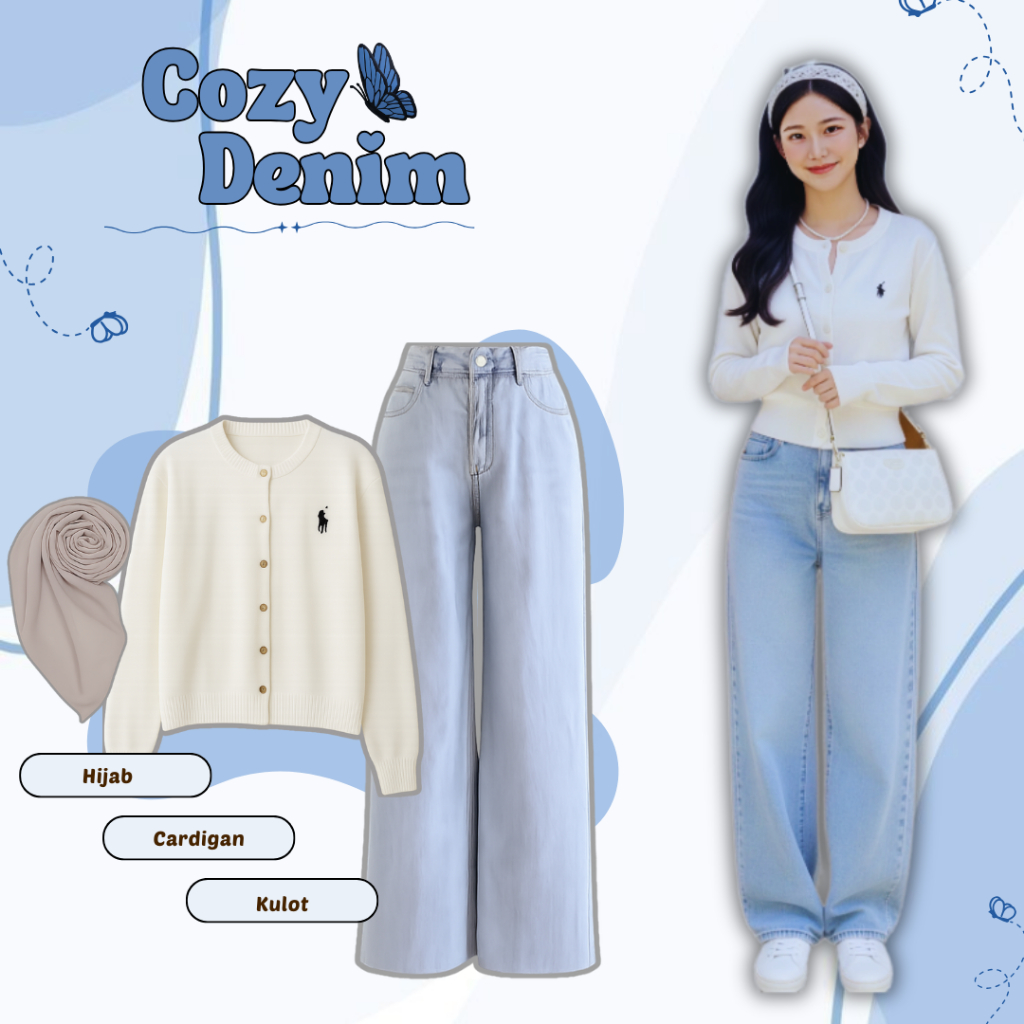 One Set 3in1 - Sweater Rajut + Celana Kulot Jeans + Jilbab Bela Square - Baju Setelan Remaja Korea