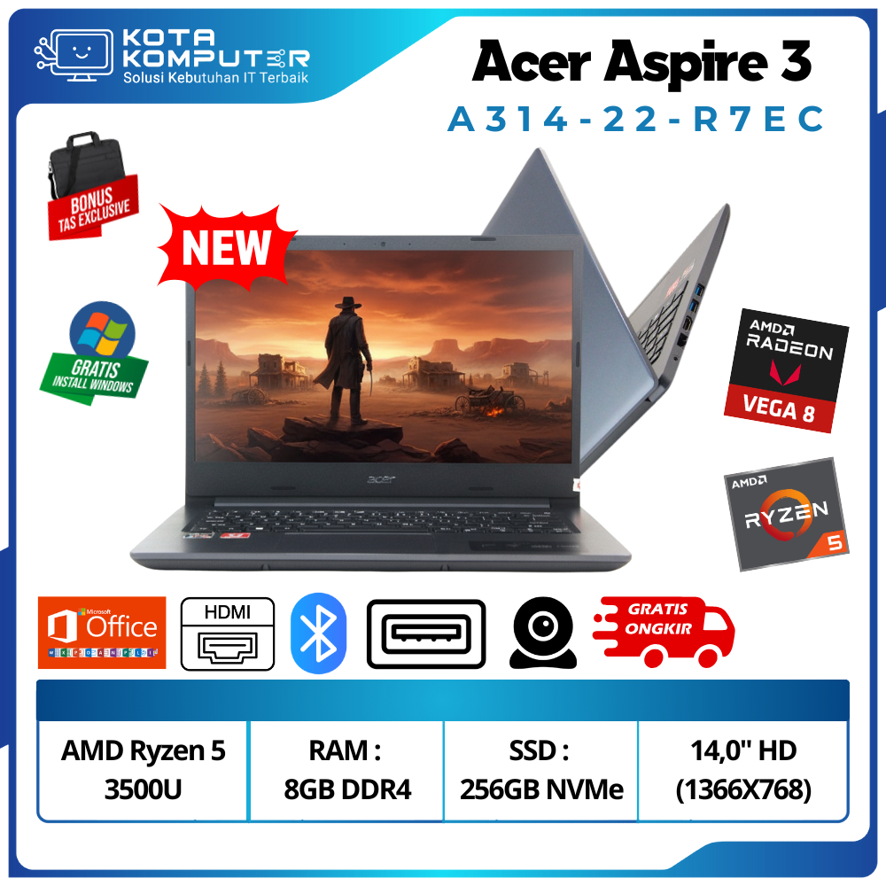 Acer Aspire 3 A314-22-R7EC AMD Ryzen5-3500U RAM 8GB SSD 256GB AMD Radeon Vega8 14" - laptop multitas
