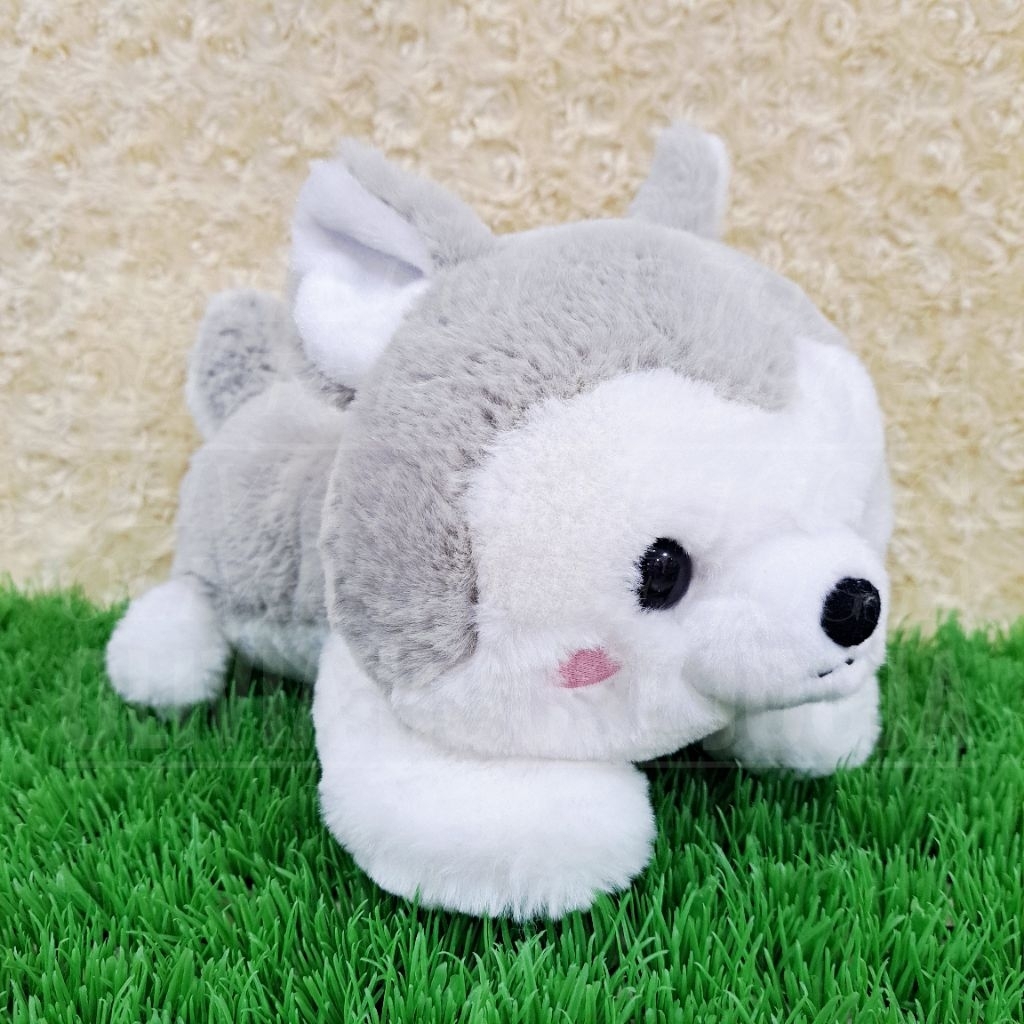 Boneka Anjing Husky Tiduran Abu Boneka Lying Siberian Husky Dog Pipi Pink Boneka Hugo Husky
