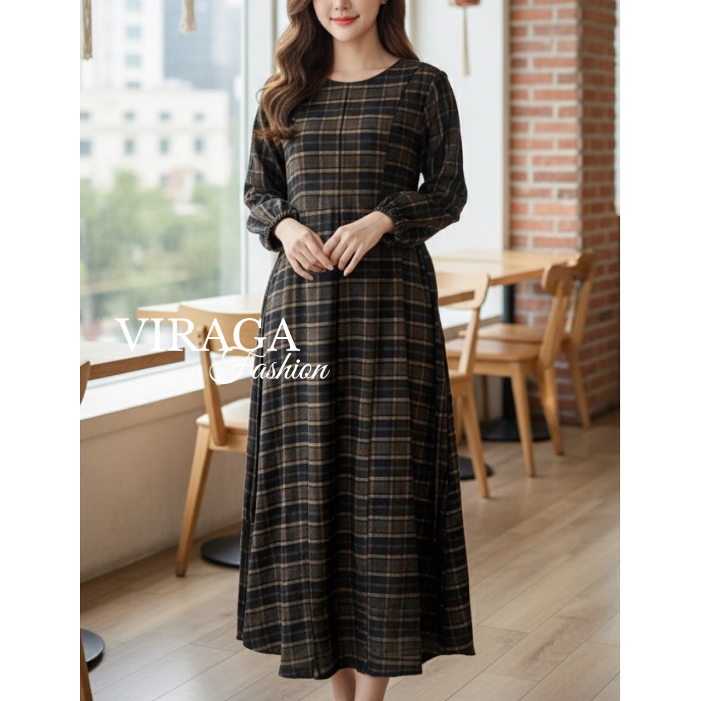 Viraga Gamis Midi Aluna Coffe - Gamis Motif Kotak Rayon Premium busui friendly