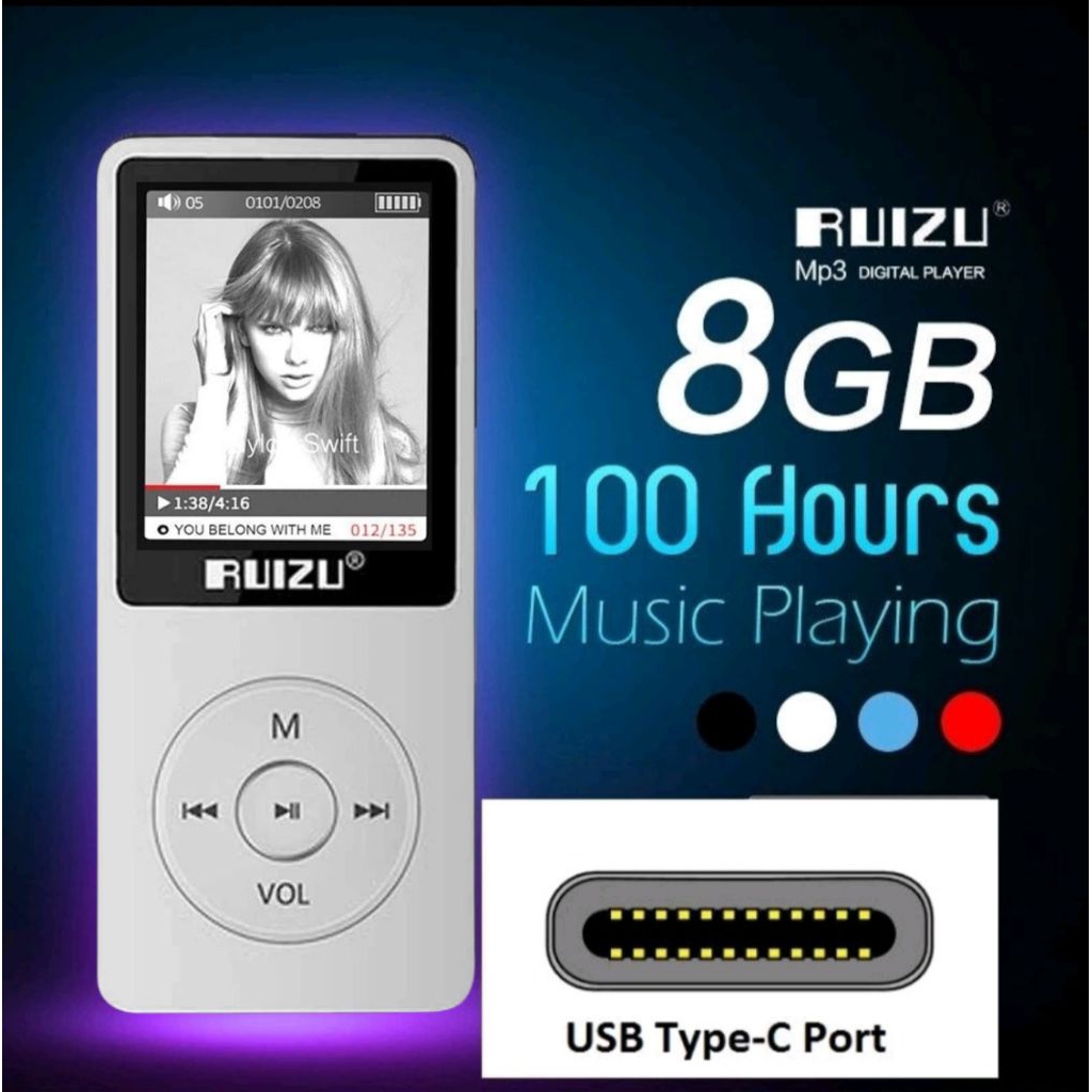 Ruizu X02 USB Type C Ultrathin MP3 Player Musik 1.8in Radio FM Rekaman Video E-book Running Walkman