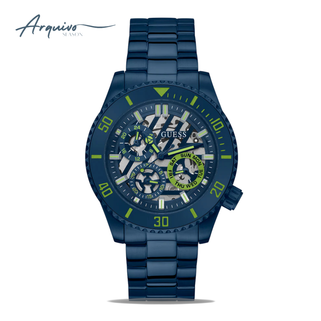 Jam Tangan Pria Guess Axle Chronograph Men Skeleton Blue Dia Blue Stainless Steel Strap Mewah Sporty