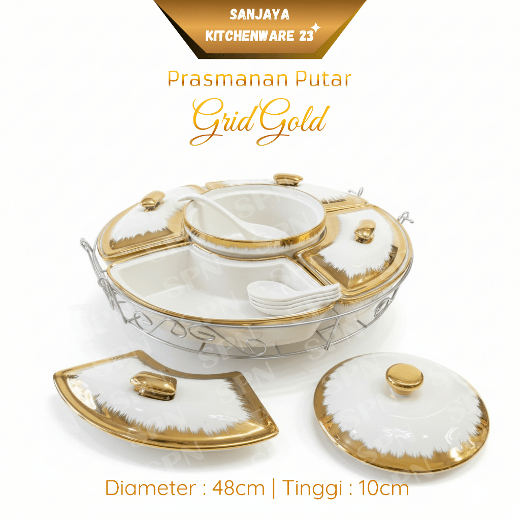 Prasmanan Putar Keramik Porcelain Model Grid Gold Dari Picasso Isi 5 Tempat Saji + 4 Duck spoon + 1 