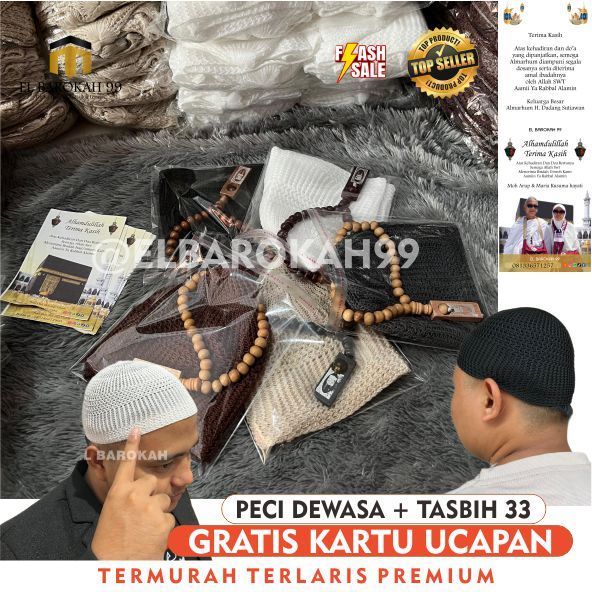 ELBAROKAH99 Peci Dewasa Premium, Oleh-Oleh Haji Dan Umroh, Peci + Tasbih 33 Free Ucapan, Souvenir Le
