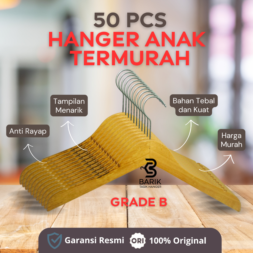 [50 PCS ] Hanger Gantungan Baju Anak Estetik Bahan Kayu Tebal dan Kuat Aesthetic Minimalis Premium