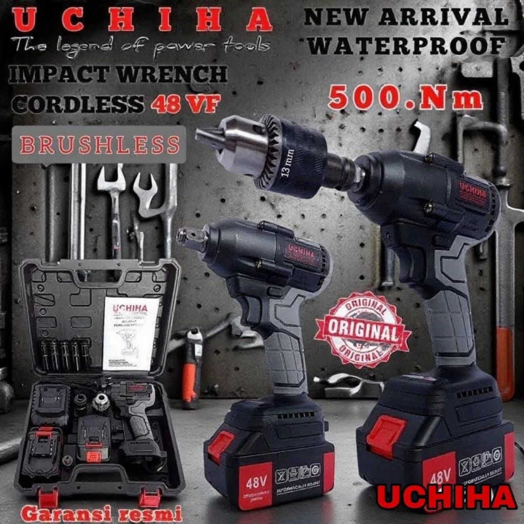 Bor baterai tanpa kabel impak impact cordless UCHIHA 42vol 13mm dril beton besi kayu mesin uciha