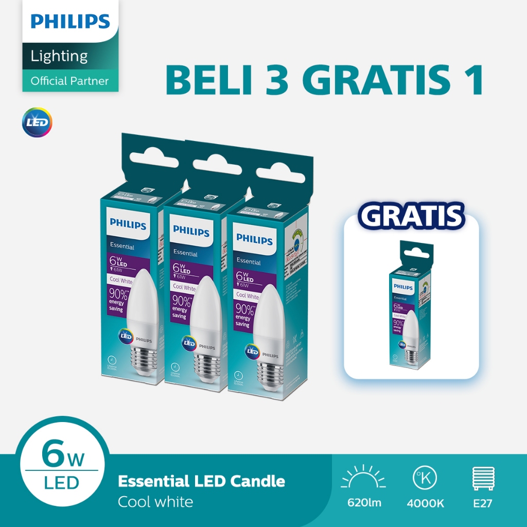 Beli 3 Gratis 1 Lampu Philips Bohlam ESS LED Candle  6W E27 4000K Semi putih