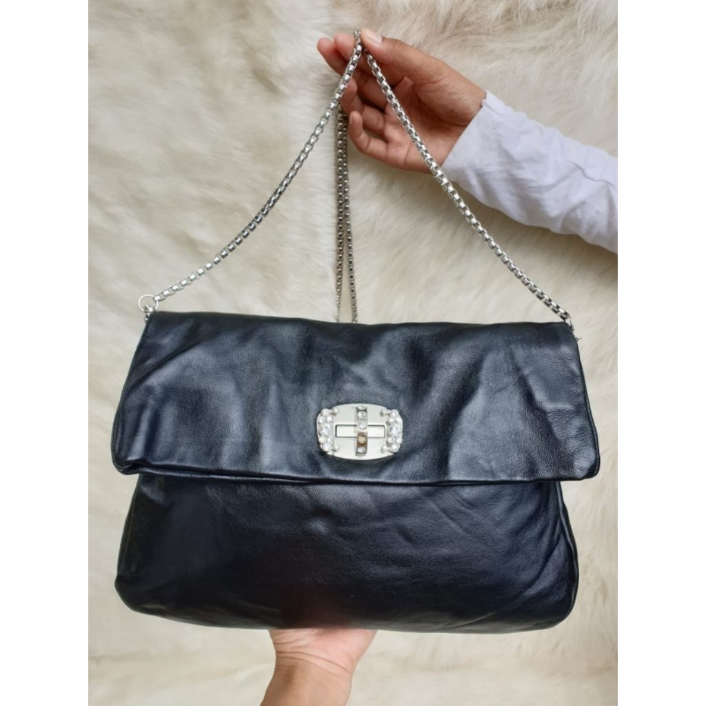 Tas Miu Miu Sling Bag Selempang Wanita Kulit Asli Hitam Tali Rantai