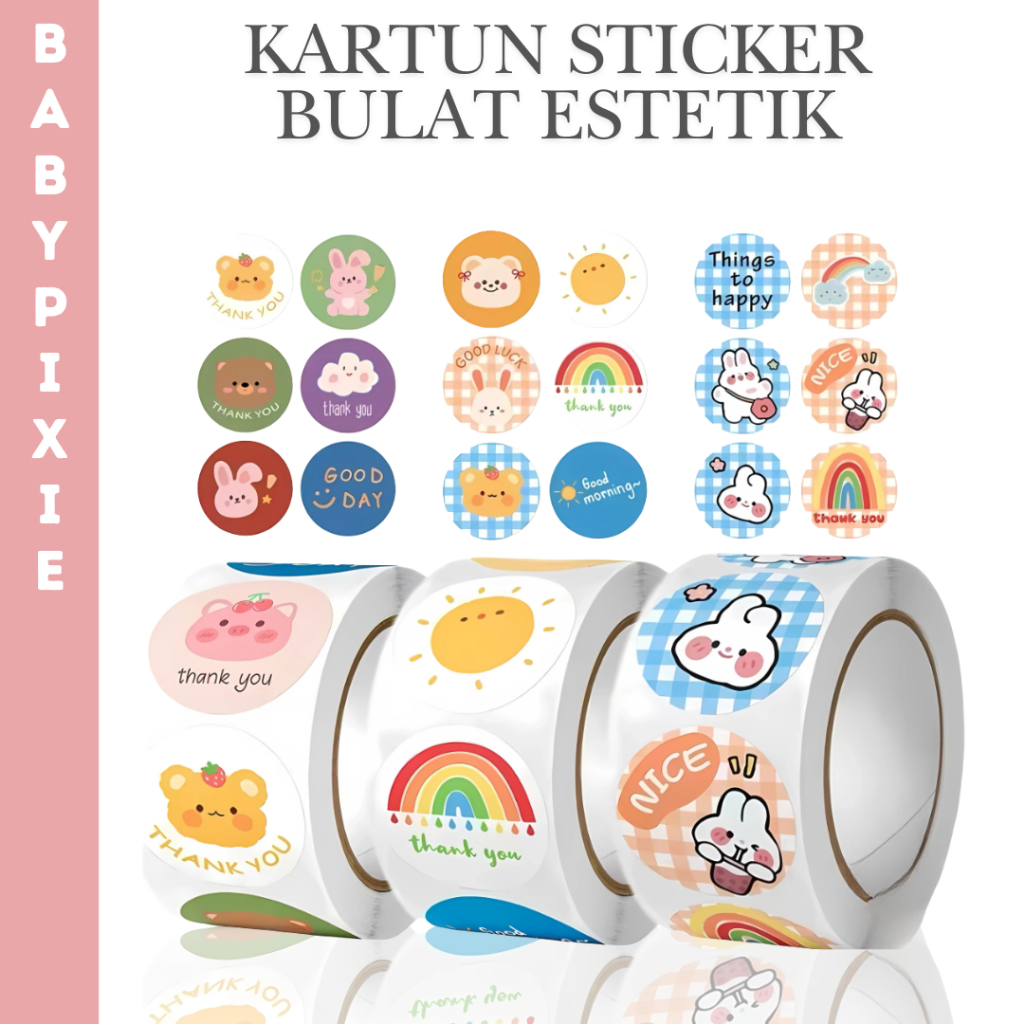 Stiker Label Thank You 500 Pcs  Kartun Sticker Bulat Estetik 2.5cm ST001