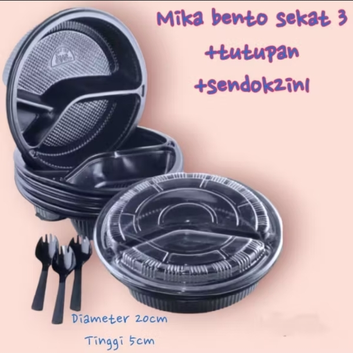 Mika Bento Bulat sekat 3/mika nasi+tutupan+sendok 2in1 isi 30set