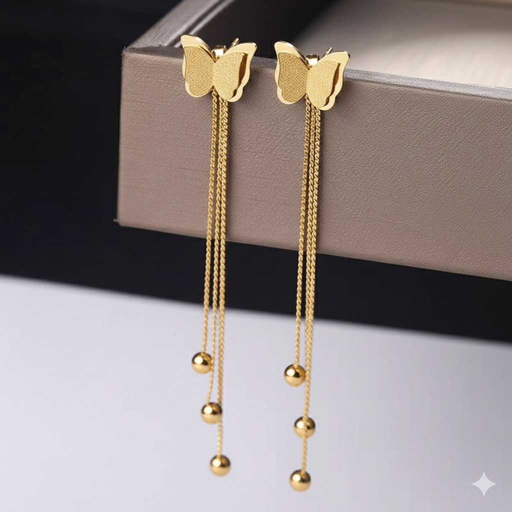 Anting Titanium Kupu-kupu Berjurai Dengan Tiga Bola bola Imut Wanita Anti Karat Anti Luntur Anting J