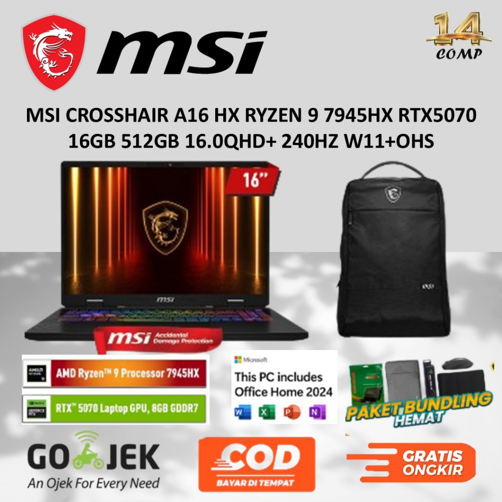 MSI CROSSHAIR A16 HX RYZEN 9 7945HX RTX5070 16GB 512GB 16.0QHD+ 240HZ W11+OHS