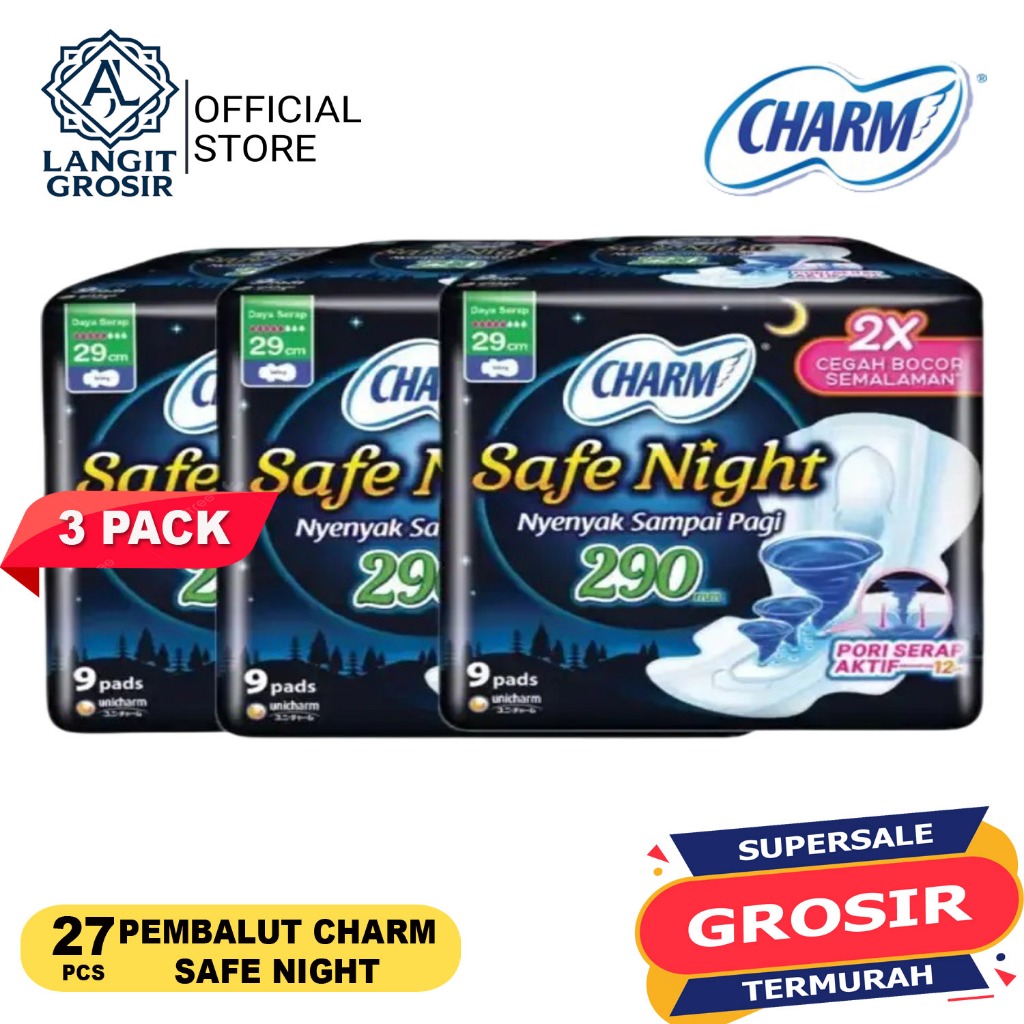 [3 PCS] Charm KOTAK Safe Night panjang 29cm Pembalut (27sachet)