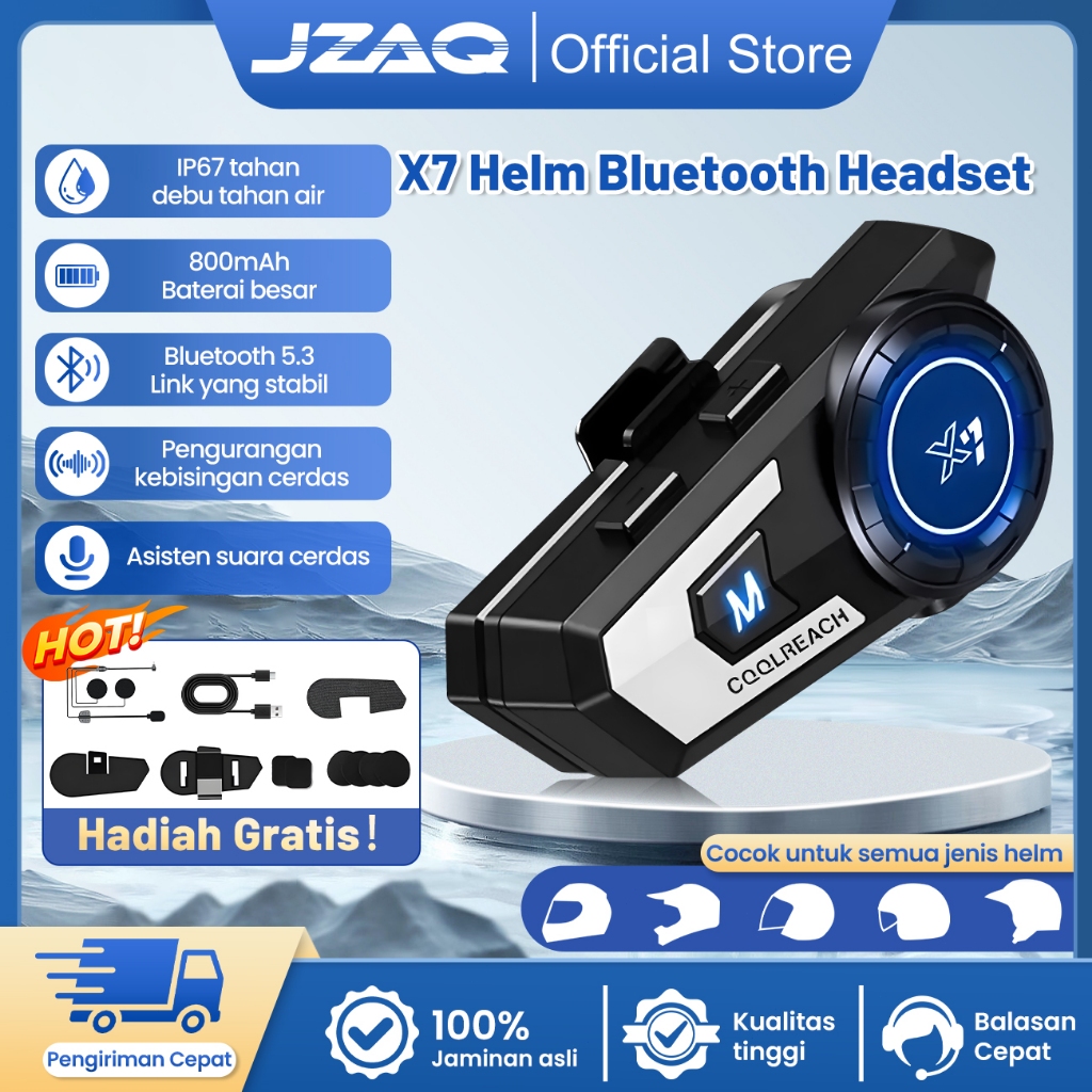 JZAQ X7 Helm Headset Bluetooth Motor/Helm Headset Bluetooth/Headset Bluetooth Full Bass/Headset Blue