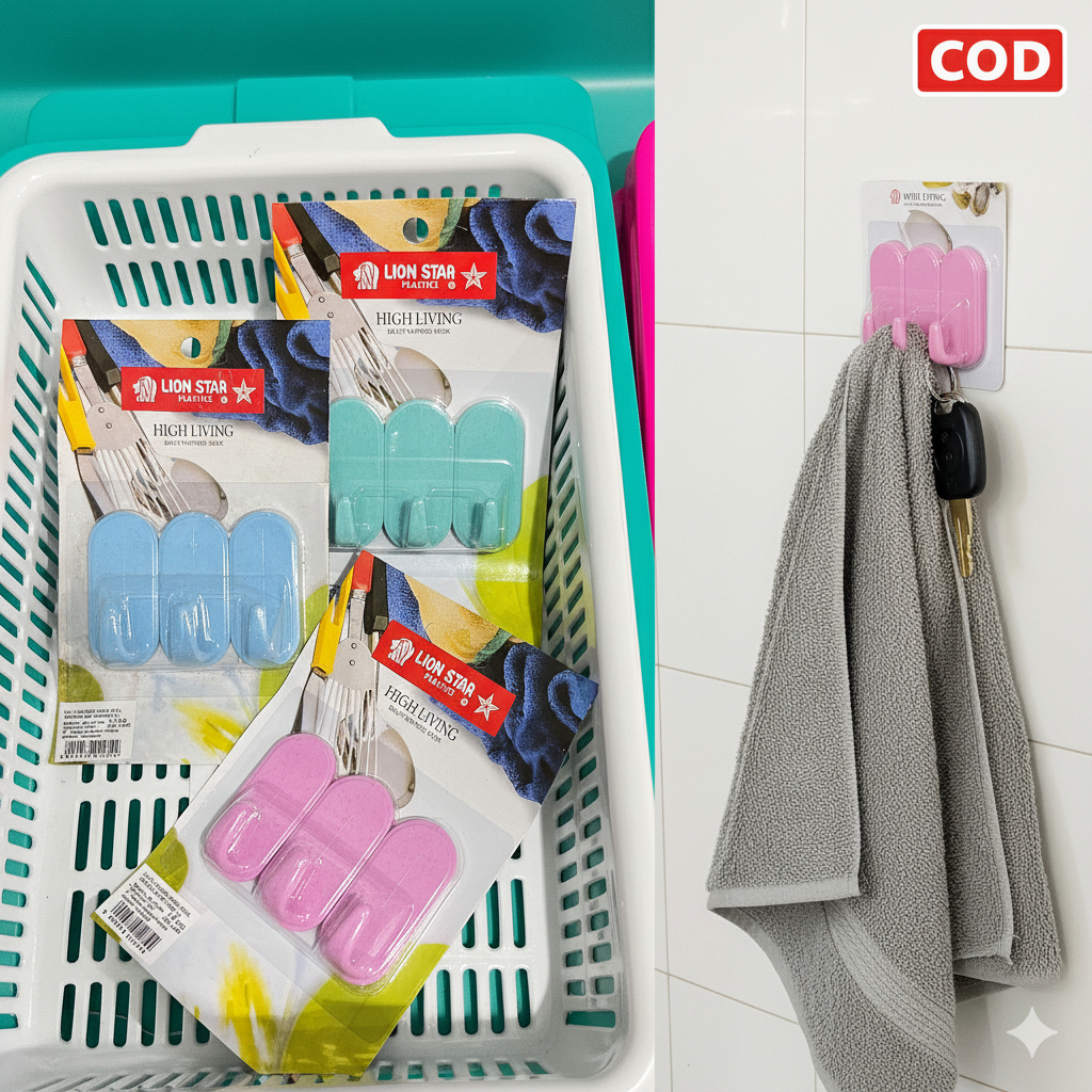 Gantungan Tempel Lion Star 3 Kait Hook Serbaguna / Kapstok Dinding Kamar Mandi Dapur Plastik Premium