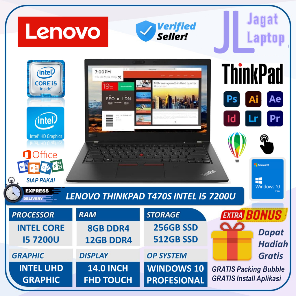 Laptop Lenovo Thinkpad T470s intel I5 Gen7 Ram 12GB 512GB SSD 14.0 Full HD Touchscreen Windows 10