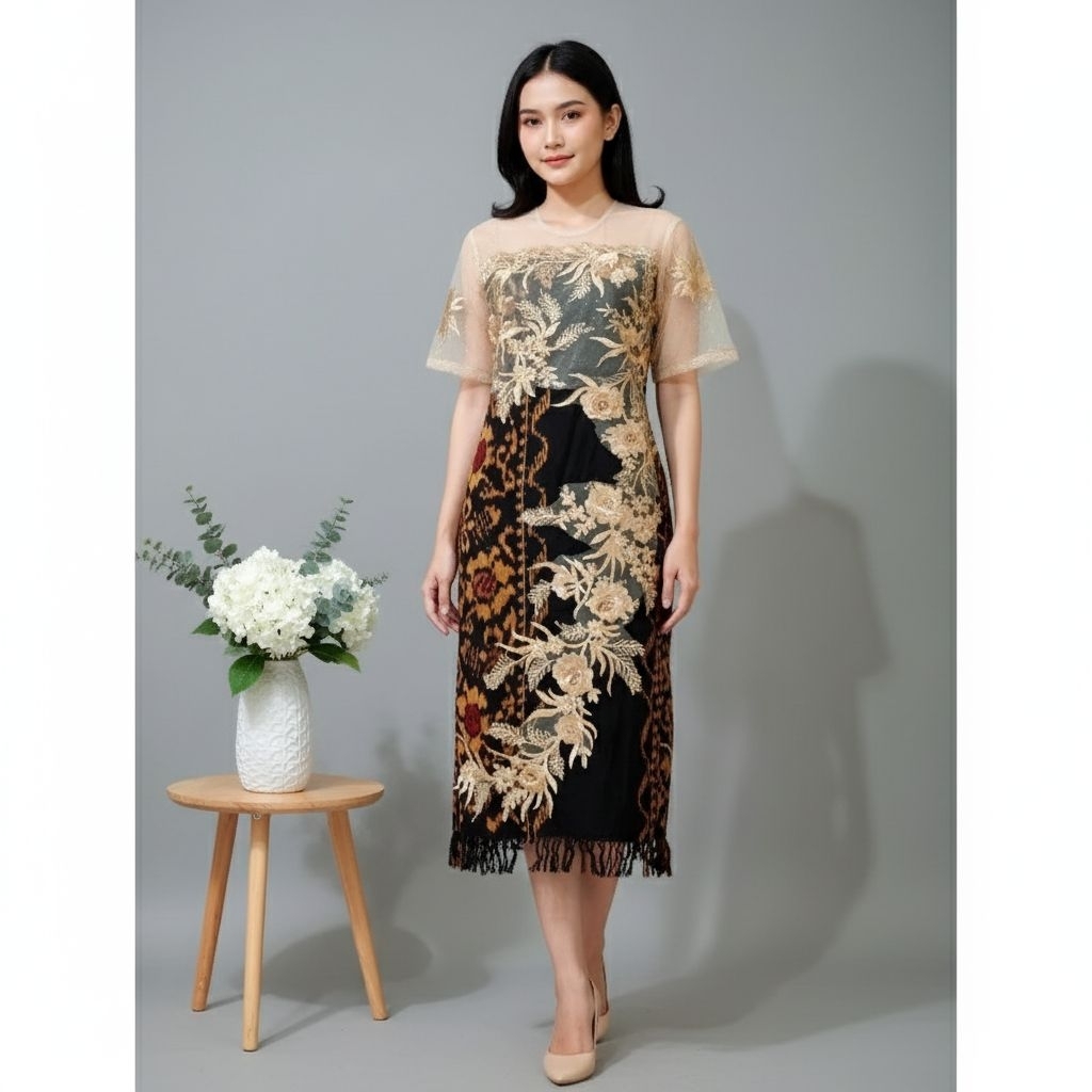 dress etnik mawar hitam kombi brokat tile akar