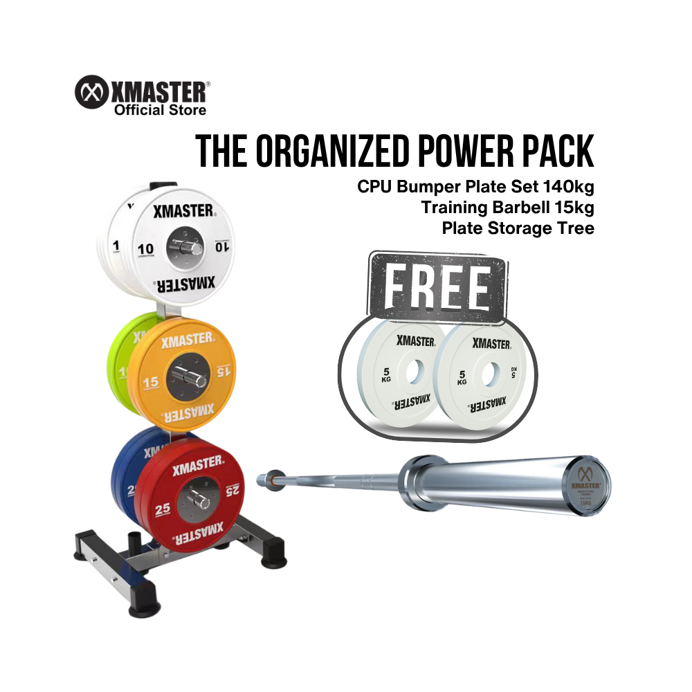 XMASTER Bundle - CPU Bumper Plate Set 140kg + Training Barbell 15kg + Plate Storage + Change Plate
