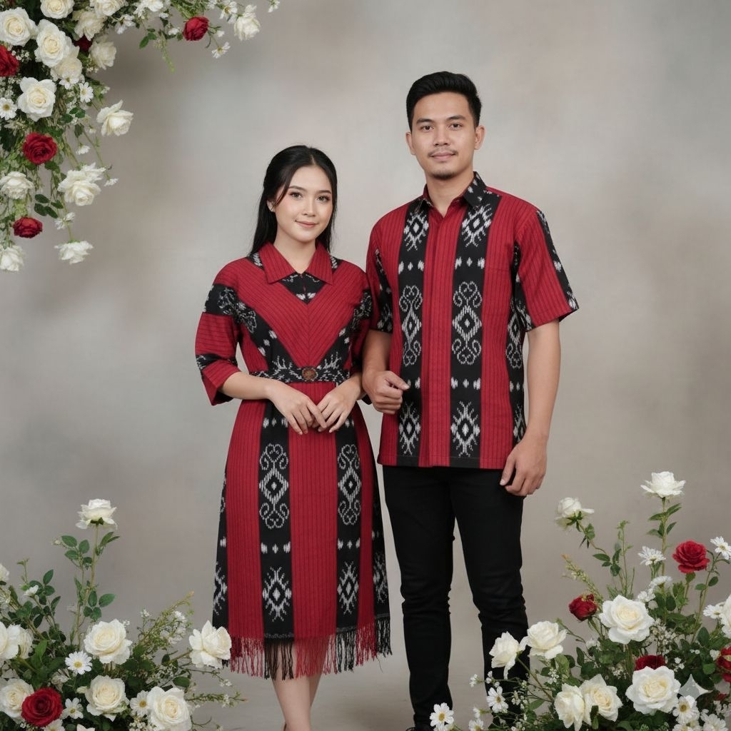 couple etnik kain tenun blanket merah, couple natal