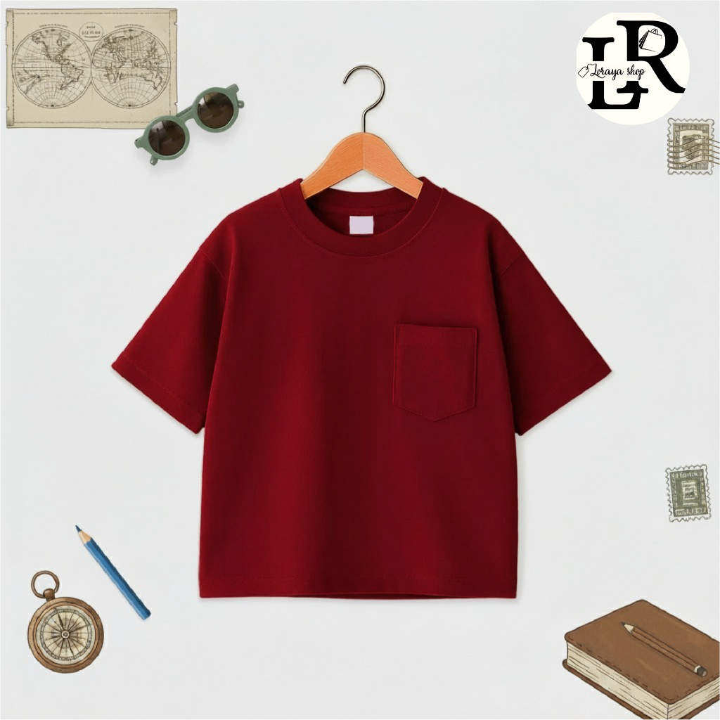 Lorayashop Kaos POCKET Anak Oversize Merah | Baju Pocket Anak Unisex Merah Kaos Polos Anak 24s