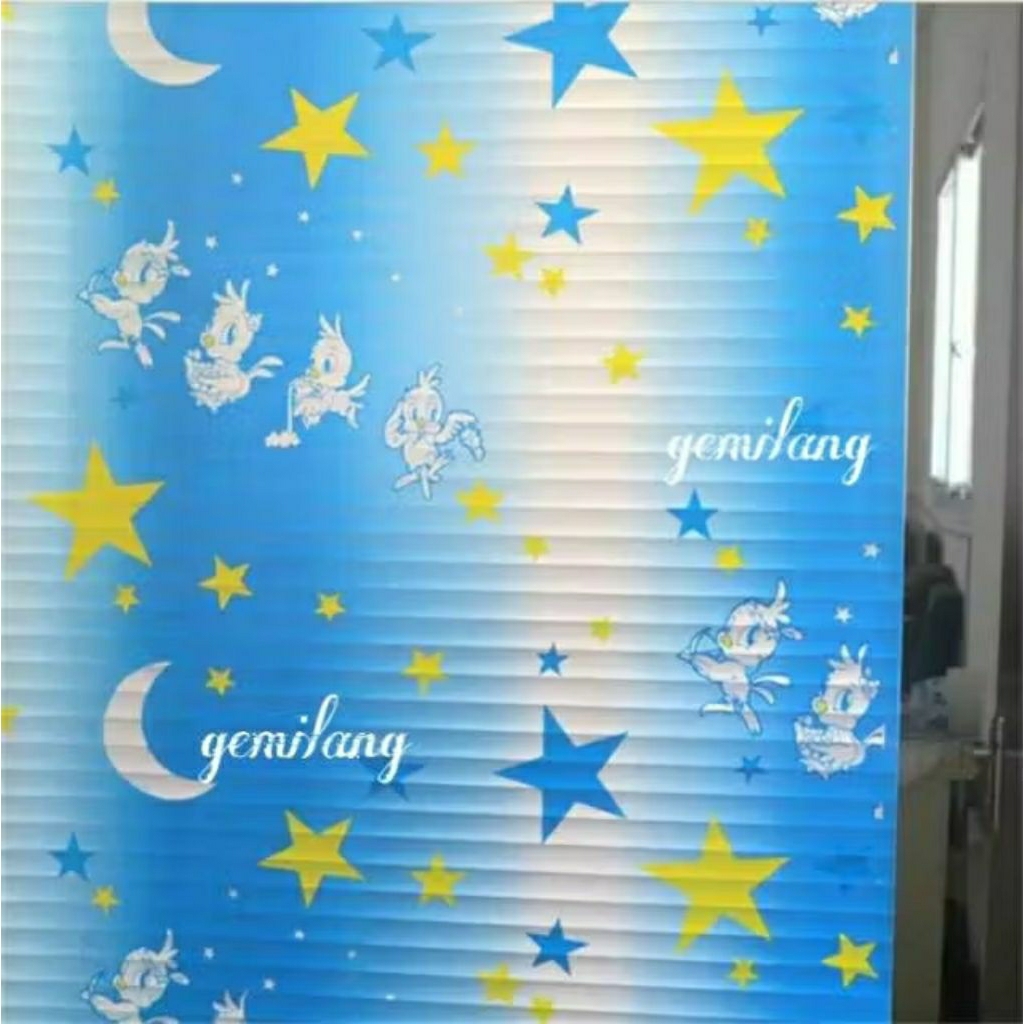 Stiker Kaca Motif Bintang Bulan Biru Kartun Lucu | Pelapis Kaca Anti Panas & Privasi | Dekorasi Kama