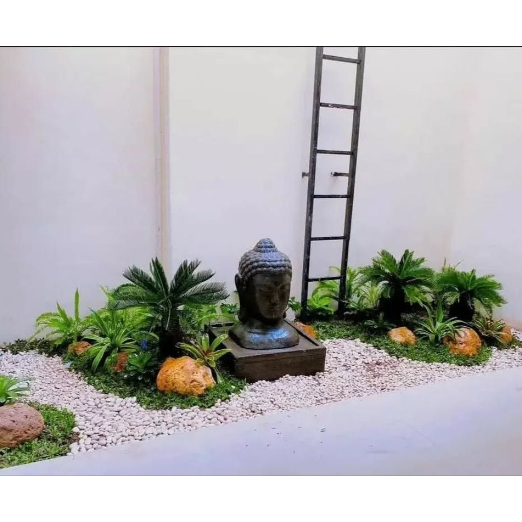 desain/taman kering/palem sikas/tamanan kecil/rumput/batu belondos Batu coral