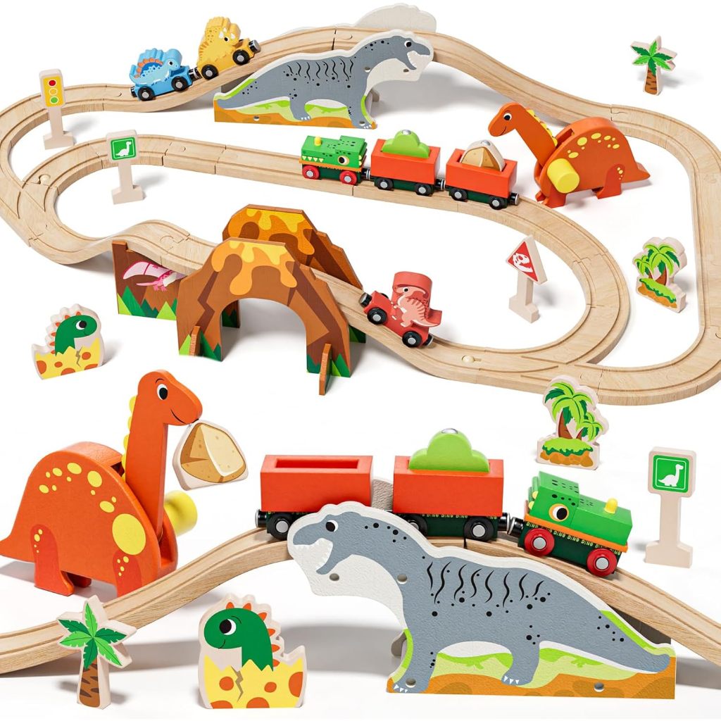 Lehoo Castle Wooden Train Set, Dinosaur Wooden Train Track Set,