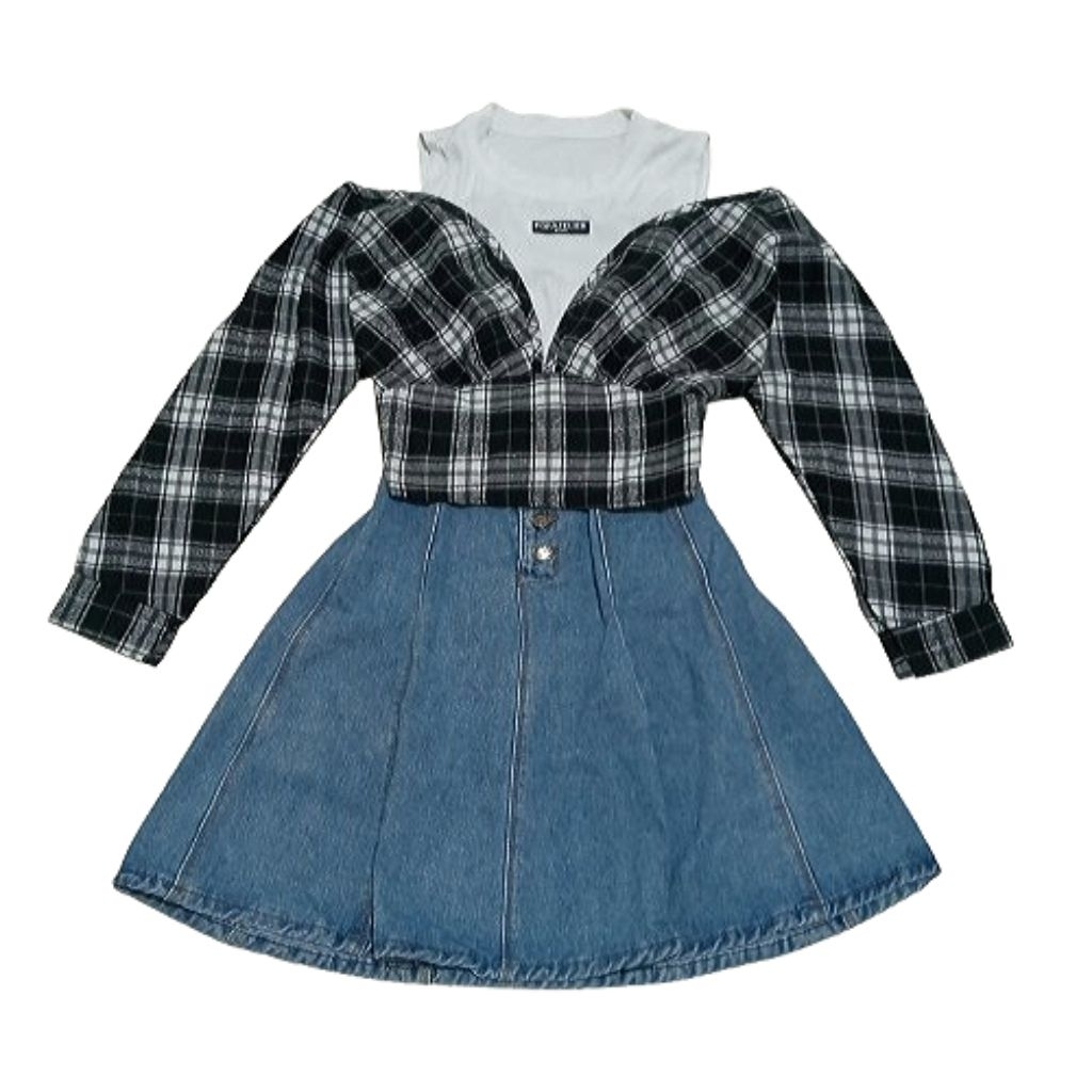 Korea Checkered Off Shoulder Top Denim Skirt