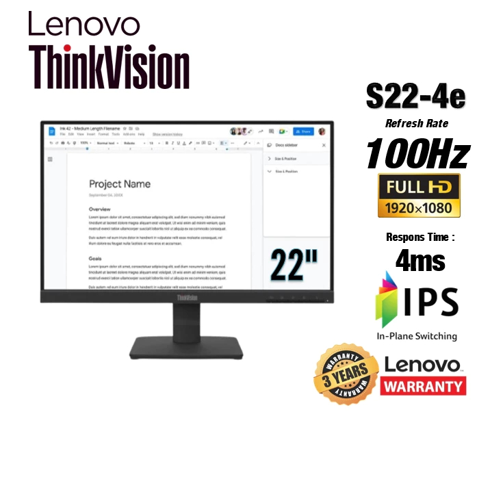 Monitor LENOVO ThinkVision S22-4e 22", IPS, FHD, 100Hz, 4ms, HDMI, VGA