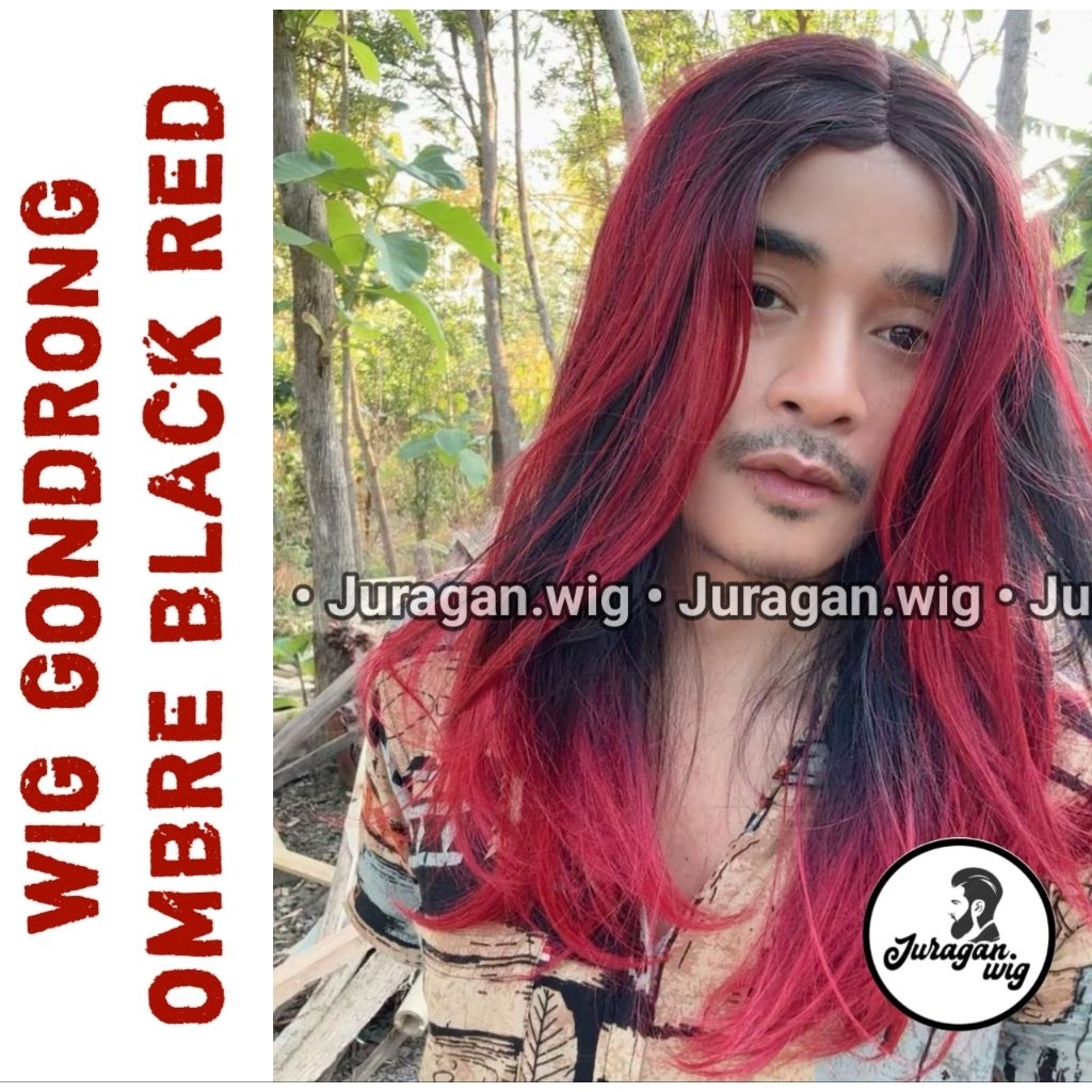 Wig Pria Gondrong  Belah Tengah Ombre Hitam Merah Wig Keren